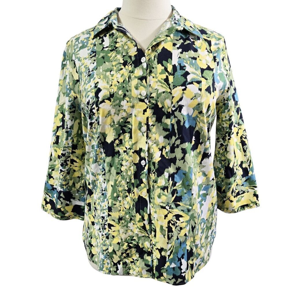 Chico's No Iron Green Yellow Floral 3/4 Sleeve Button-Up Tunic Stretch Colorful